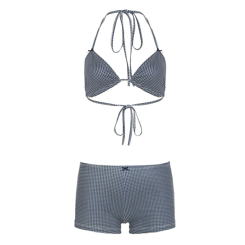 Striped Bikini Set with Halter Top and Shorts