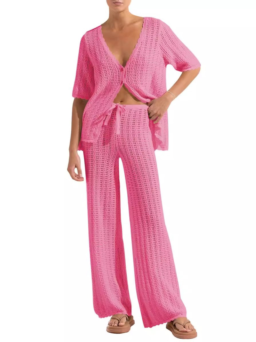V-neck Short-sleeve Knitted Sweater Suit