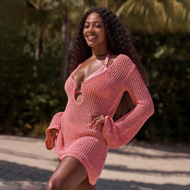 Round Long Sleeve Hollow Beach Dress