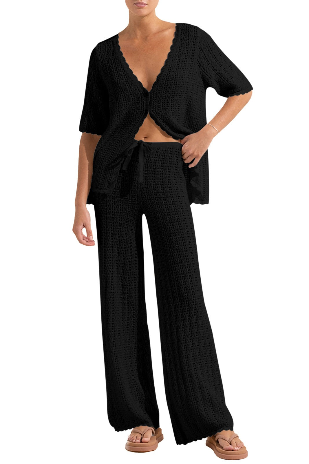 V-neck Short-sleeve Knitted Sweater Suit