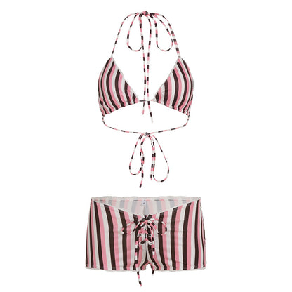 Striped Bikini Set with Halter Top and Shorts