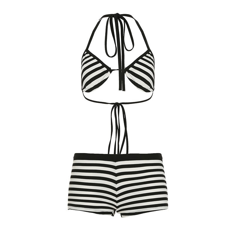 Striped Bikini Set with Halter Top and Shorts