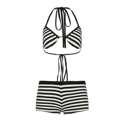 Striped Bikini Set with Halter Top and Shorts