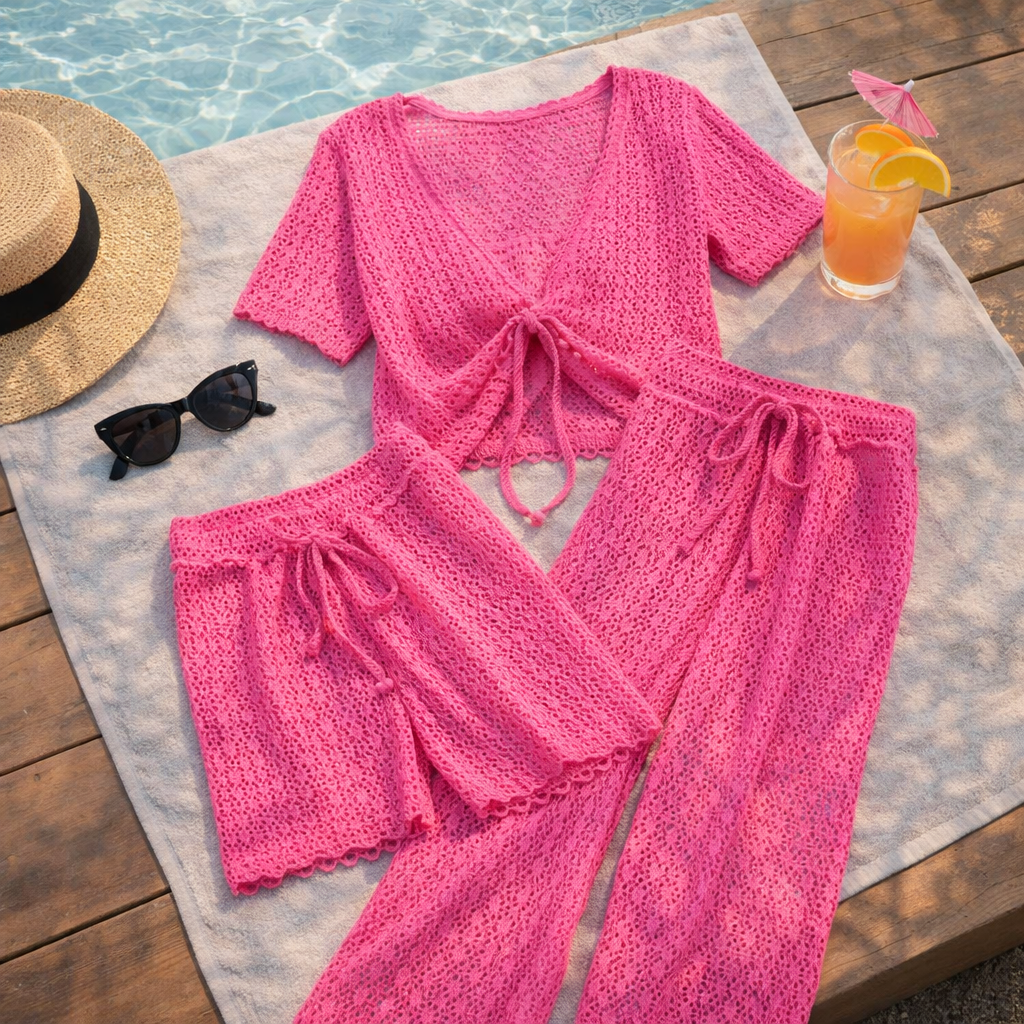 V-neck Short-sleeve Knitted Sweater Suit
