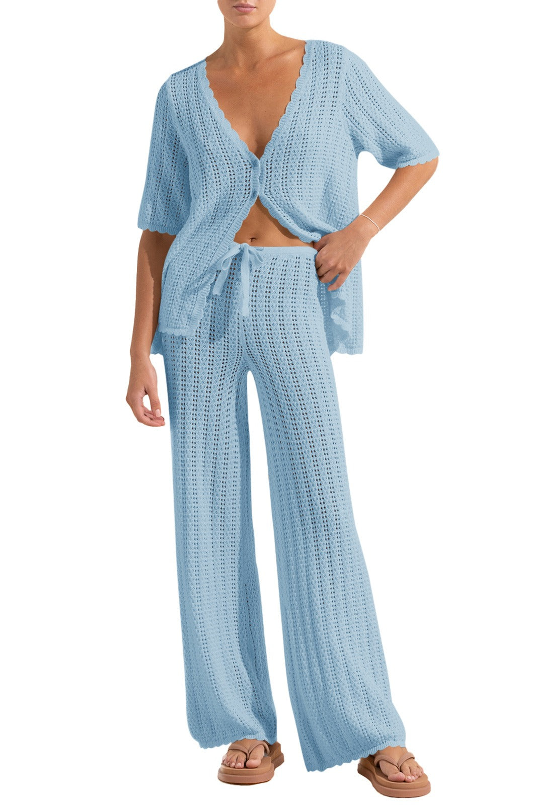 V-neck Short-sleeve Knitted Sweater Suit